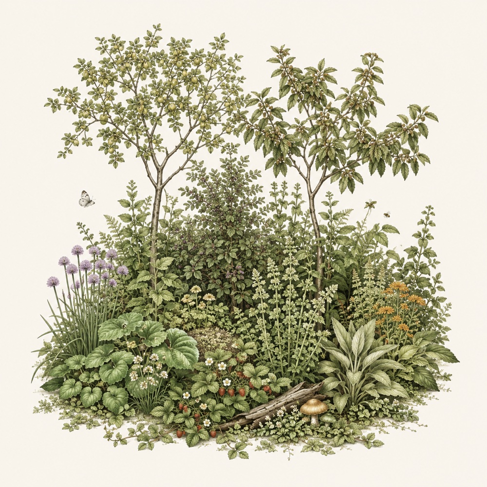 Botanical illustration of a food forest